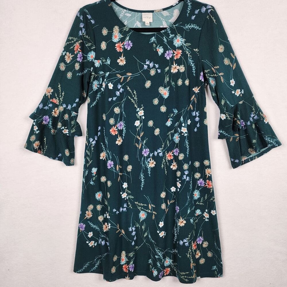 Kaileigh Floral Dress Ruffle 3/4 Sleeve Lightweight Soft Stretch Green Size M